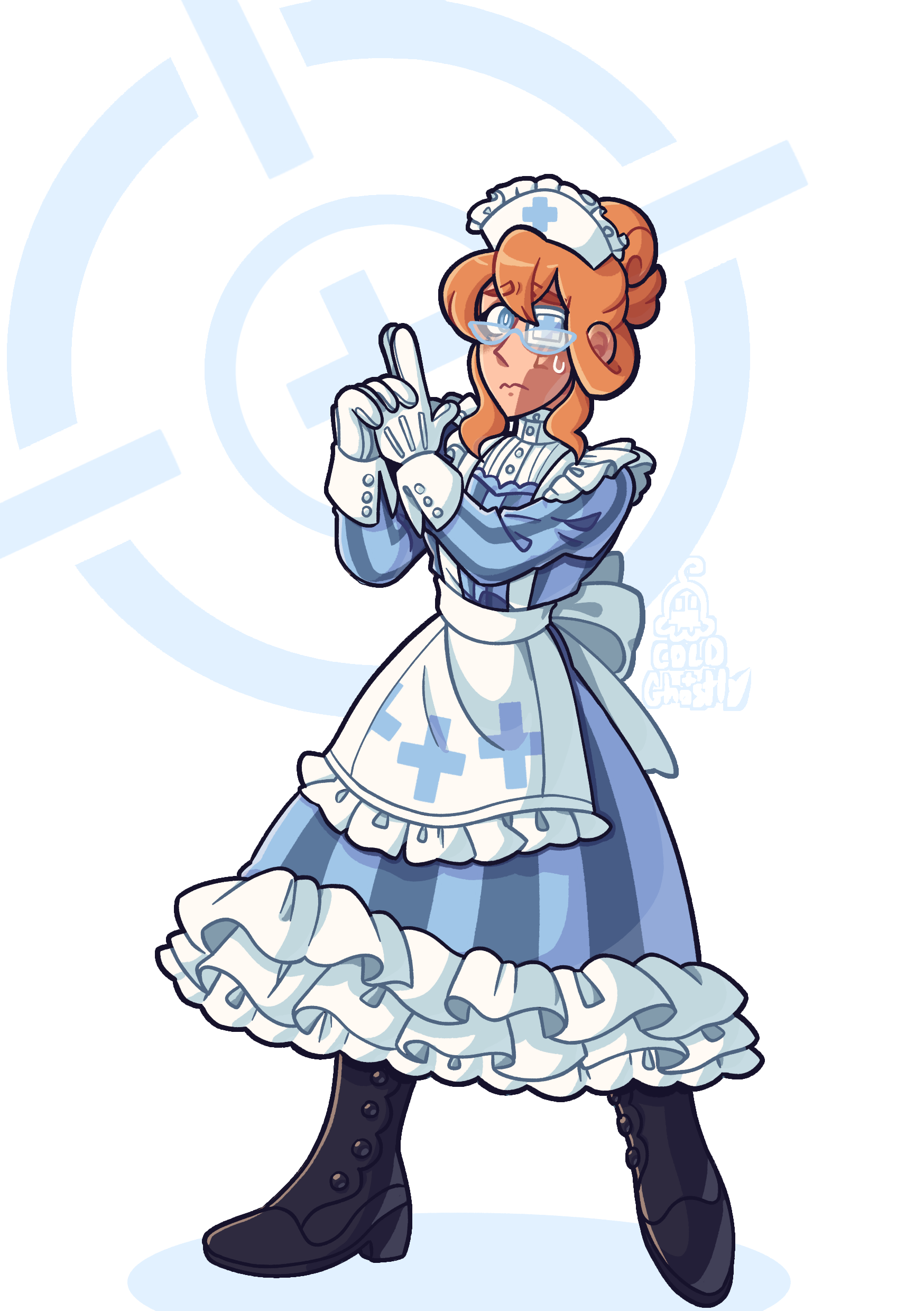 A drawing of Myrel from Anime Campaign dressed as a magical girl. She's wearing a bright blue, extremely frilly dress with a white apron meant to look like an old nurse's uniform and pointing up with finger guns and a nervous expression. The symbol of a crosshair is in the background.